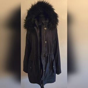Hollister Womens Black Faux Fur Lined Parka With Hood Large